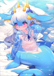 Rule 34 | 1girl, arm up, fins, furry, furry female, hair ornament, head fins, highres, horns, kishibe, long hair, mermaid, monster girl, original, red eyes, see-through, shirt, sitting, solo, tail, fish tail, water, wet, wet clothes, wet shirt, white hair