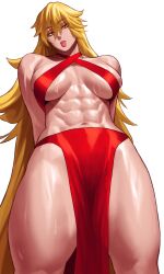 Rule 34 | 1girl, abs, absurdres, arms behind back, blonde hair, bra, clarice di lampedusa (mutageniccrow), highres, loincloth, long hair, looking at viewer, muscular, muscular female, narrowed eyes, navel, open mouth, original, red bra, red loincloth, simple background, solo, sotcho, sweat, thighs, tongue, tongue out, underwear, white background, yellow eyes