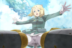 Rule 34 | 1girl, animal ears, blonde hair, blue eyes, breasts, cloud, crotch, day, elma leivonen, gloves, hamushima, open mouth, pantyhose, short hair, sky, small breasts, solo, strike witches, strike witches: suomus misfits squadron, striker unit, tail, uniform, white pantyhose, world witches series