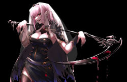 Rule 34 | 1girl, absurdres, black background, black dress, black nails, black thighhighs, black tiara, breasts, cape, cleavage, dress, gurenngi, highres, holding, holding scythe, hololive, hololive english, large breasts, long hair, looking at viewer, mori calliope, mori calliope (1st costume), nail polish, open mouth, pink hair, red eyes, scythe, see-through, see-through sleeves, see-through veil, sidelocks, single thighhigh, smile, spiked cape, teeth, thighhighs, tiara, torn cape, torn clothes, upper teeth only, virtual youtuber