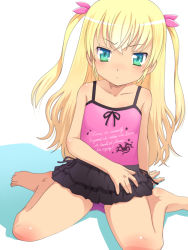 Rule 34 | 1girl, bad id, bad pixiv id, barefoot, black bow, black one-piece swimsuit, blonde hair, blue eyes, blush, bow, bow one-piece swimsuit, casual one-piece swimsuit, child, collarbone, dot nose, english text, female focus, frilled one-piece swimsuit, frilled swimsuit, frills, full body, hair bow, hair ornament, long hair, looking at viewer, meow (nekodenki), multicolored one-piece swimsuit, one-piece swimsuit, original, pink bow, pink one-piece swimsuit, print one-piece swimsuit, shadow, side-tie swimsuit, simple background, sitting, skirt, skirted swimsuit, solo, swimsuit, swimsuit writing, two side up, wariza, white background