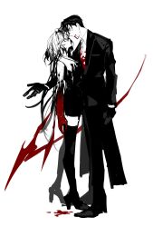 Rule 34 | 1boy, 1girl, absurdres, black coat, black dress, black footwear, black gloves, black hair, black jacket, black pants, black shirt, blood, blood from mouth, blood on clothes, blood on hands, boots, coat, collared shirt, dress, full body, gloves, hair intakes, highres, holding, holding scythe, jacket, long sleeves, original, pants, remsrar, scythe, shirt, simple background, thigh boots, white background, white hair, white shirt