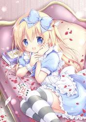 Rule 34 | 1girl, :d, ace (playing card), ace of hearts, alice (alice in wonderland), alice in wonderland, apron, blonde hair, blue bow, blue dress, blue eyes, blush, book, bow, card, club (shape), commentary request, couch, diamond (shape), dress, feet out of frame, frilled apron, frilled dress, frills, hair bow, hands up, heart, long hair, looking at viewer, lying, nanase miori, on couch, on side, one side up, open mouth, petals, pillow, playing card, puffy short sleeves, puffy sleeves, short sleeves, smile, solo, spade (shape), striped clothes, striped thighhighs, thighhighs, very long hair, waist apron, white apron, wrist cuffs