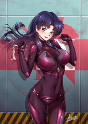Rule 34 | 1girl, :d, adsouto, alternate costume, bodysuit, breasts, brown eyes, covered navel, cowboy shot, curvy, english text, floating hair, hands up, highres, katsuragi misato, large breasts, long hair, looking at viewer, neon genesis evangelion, open mouth, plugsuit, purple hair, shiny clothes, shiny skin, signature, skin tight, smile, solo, wide hips