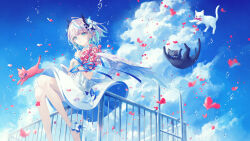 ahoge angel_wings ankle_bow ankle_ribbon aoi_neno bare_arms bare_legs black_cat blue_eyes blue_sky blue_streaks bouquet bow cat cloud cloudy_sky collar colored_inner_hair dress falling_petals feathered_wings fence flat_chest flower hair_bow highres holding holding_bouquet indie_virtual_youtuber ladder looking_ahead medium_dress multicolored_hair official_art on_fence petals pink_cat pointy_ears red_flower ribbon short_hair sitting_on_fence skirt skirt_set sky solo streaked_hair virtual_youtuber water_drop white_cat white_collar white_dress white_hair wing_hair_ornament wings yoggi_(stretchmen)