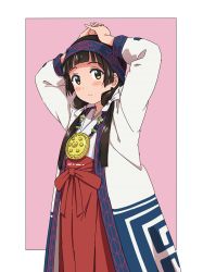 Rule 34 | 10s, 1girl, amayadori machi, arms up, blunt bangs, blush, bow, brown eyes, brown hair, closed mouth, cowboy shot, eyelashes, hair bow, hakama, hakama skirt, hands on own head, headband, highres, jacket, japanese clothes, jewelry, karahai (31448823), kimono, kumamiko, long sleeves, low twintails, miko, mirror, necklace, nontraditional miko, open clothes, open jacket, pearl necklace, pendant, pink background, pleated skirt, red bow, red hakama, red skirt, simple background, skirt, solo, standing, tareme, twintails, white bow