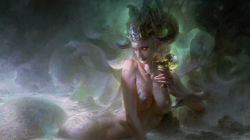Rule 34 | 1girl, blonde hair, breasts, chalice, closed mouth, collarbone, cup, drink, drinking glass, eyelashes, fingernails, guang yi, highres, holding, horns, lamia, long fingernails, long hair, looking away, medium breasts, monster girl, orange eyes, original, partially submerged, pasties, snake, solo, watermark, web address, white hair