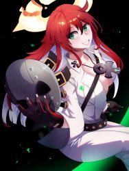 Rule 34 | 1girl, absurdres, ankh, ankh necklace, breasts, broken halo, cleavage, spiked halo, cross, green eyes, guilty gear, guilty gear strive, hair between eyes, halo, highres, jack-o&#039; valentine, large breasts, long hair, mask, unworn mask, red hair, smile