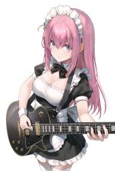 Rule 34 | 1girl, apron, back bow, black bow, black bowtie, black dress, blue eyes, bocchi the rock!, bow, bowtie, breasts, cleavage, closed mouth, commentary request, cube hair ornament, detached collar, dress, electric guitar, frills, gibson les paul, gotoh hitori, grey bow, guitar, hair between eyes, hair ornament, hands up, highres, holding, holding instrument, instrument, large breasts, long hair, looking at viewer, maid, maid headdress, music, pinakes, pink hair, playing instrument, puffy short sleeves, puffy sleeves, short sleeves, sidelocks, simple background, solo, standing, thighhighs, white apron, white background, white thighhighs, wrist cuffs