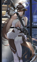 Rule 34 | 1girl, azur lane, bare shoulders, black hair, bodysuit, bow, breasts, brown hair, cleavage, cleavage cutout, clothing cutout, covered navel, detached sleeves, drawing sword, elbow gloves, electricity, extra ears, gloves, green eyes, hair bow, hair ears, hair flaps, hairband, high ponytail, highres, holding, holding sword, holding weapon, katana, large breasts, leg up, leotard, long hair, looking at viewer, miniskirt, official alternate costume, pantyhose, pleated skirt, ponytail, qing wu, ribbon, skirt, standing, sword, takao (azur lane), takao (divine exorcist&#039;s blade) (azur lane), weapon, white bow, white ribbon, yellow eyes