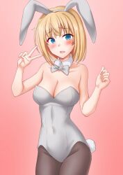 Rule 34 | 1girl, animal ears, anti (untea9), blonde hair, blue eyes, bow, bowtie, breasts, cleavage, covered navel, cowboy shot, embarrassed, fake animal ears, gradient background, highres, kantai collection, leotard, looking at viewer, medium breasts, pantyhose, playboy bunny, red background, rodney (kancolle), solo, standing, twitter username, white background