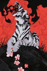 Rule 34 | animal, animal focus, artist name, claws, commentary, flower, from below, full body, highres, kamikiririp, lying, no humans, on stomach, open mouth, original, red background, red flower, sharp teeth, signature, smoke, solo, teeth, tiger, white tiger