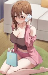 Rule 34 | 1girl, armpit crease, asymmetrical sidelocks, blus, breasts, brown eyes, brown hair, cellphone, cleavage, closed mouth, commentary request, couch, crop top, dot nose, full body, gift bag, hair between eyes, hair intakes, hand up, highres, holding, holding phone, indoors, iphone 13, large breasts, looking ahead, midriff, mole, mole under eye, off shoulder, ol-chan (udon), orange eyes, original, panties, phone, pink panties, pink shirt, pink shorts, shirt, shorts, sitting, smartphone, smile, solo, talking on phone, tank top, three quarter view, udon (udonalium), underwear, wariza, white day, yellow eyes