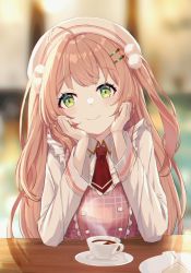 Rule 34 | 1girl, absurdres, ahoge, aka (440626), blurry, blurry background, blush, coffee, collared shirt, green eyes, hair bobbles, hair ornament, hairclip, hat, head rest, head tilt, highres, honma himawari, light brown hair, long hair, long sleeves, looking at viewer, necktie, nijisanji, red necktie, shirt, short necktie, solo, twintails, upper body, very long hair, virtual youtuber, white hat, white shirt, wing collar