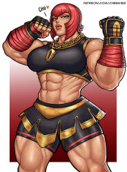 Rule 34 | 1girl, breasts, capcom, chain, chain necklace, cheekie, female focus, fingerless gloves, gloves, heart, highres, jewelry, large breasts, looking at viewer, marisa (street fighter), mole, mole under eye, muscular, muscular female, nail polish, navel, necklace, puckered lips, red hair, short hair, skirt, solo, sports bra, street fighter, street fighter 6, thick lips, thick thighs, thighs, veins, yellow eyes