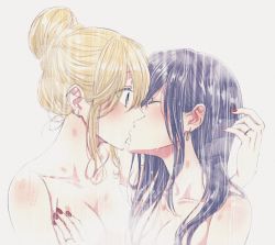 Rule 34 | 2girls, aihara mei, aihara yuzu, bare shoulders, black hair, blonde hair, blue eyes, breasts, citrus (saburouta), cleavage, closed eyes, collarbone, commentary, ear piercing, earrings, female focus, glidesloe, hair up, highres, inseki, jewelry, kiss, medium breasts, multiple girls, nail polish, piercing, red nails, ring, shower (place), showering, step-siblings, symbol-only commentary, topless, water, wedding band, wife and wife, yuri