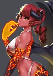 Rule 34 | 1girl, black sclera, blush, breasts, collarbone, colored sclera, commission, dragon, glowing, glowing hand, horns, large breasts, long hair, looking at viewer, lulu-chan92, original, ponytail, red hair, single horn, smile, solo, wings, yellow eyes