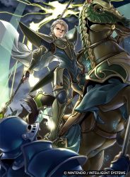 Rule 34 | 2boys, armor, armored boots, bad id, bad twitter id, barding, black eyes, boots, cloud, cloudy sky, company name, electricity, fernand (fire emblem), fingerless gloves, fire emblem, fire emblem cipher, fire emblem echoes: shadows of valentia, gloves, green armor, helmet, horse, male focus, multiple boys, nintendo, official art, polearm, sky, solo focus, spear, weapon, white hair