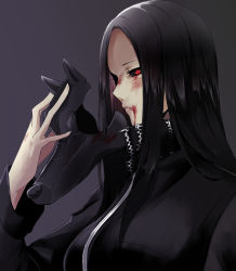 Rule 34 | 10s, 1girl, black hair, black sclera, blood, blood on face, colored sclera, from side, grey background, irimi kaya, long hair, looking at viewer, mask, unworn mask, mauka, red eyes, solo, tokyo ghoul, zipper