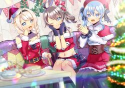 3girls :d ;) black_gloves blue_eyes blue_hair blue_nails blurry blurry_foreground braid brown_hair cake capelet christmas christmas_ornaments christmas_tree closed_mouth commentary_request commission couch crop_top depth_of_field dress food frilled_skirt frills fur-trimmed_capelet fur-trimmed_dress fur-trimmed_headwear fur-trimmed_shirt fur_trim gloves groin hands_up hat hololive hoshimachi_suisei indoors kazama_iroha kou_hiyoyo long_sleeves low_twintails midriff multiple_girls nail_polish natsuiro_matsuri navel off-shoulder_shirt off_shoulder on_couch one_eye_closed open_mouth pennant pillow plate pleated_skirt puffy_long_sleeves puffy_short_sleeves puffy_sleeves red_capelet red_dress red_hat red_shirt red_skirt santa_costume santa_hat shirt short_sleeves side_ponytail sitting skeb_commission skirt smile strapless strapless_dress string_of_flags twin_braids twintails virtual_youtuber white_shirt