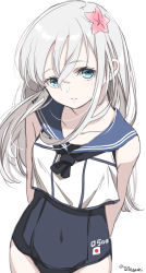 Rule 34 | 1girl, arms behind back, black neckerchief, black one-piece swimsuit, black sailor collar, blonde hair, blue eyes, commentary request, cosplay, crop top, flower, hair flower, hair ornament, highres, kantai collection, laco soregashi, long hair, neckerchief, one-hour drawing challenge, one-piece swimsuit, ro-500 (kancolle), ro-500 (kancolle) (cosplay), sailor collar, sailor shirt, school swimsuit, shirt, simple background, sleeveless, solo, swimsuit, swimsuit under clothes, u-511 (kancolle), white background