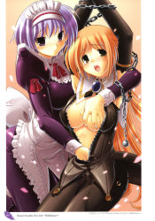 Rule 34 | 2girls, absurdres, armpits, arms up, bad id, bad yandere id, bdsm, black legwear, blonde hair, bondage, bound, breasts, brooch, chain, elbow gloves, female focus, femdom, gloves, groping, highres, jewelry, large breasts, long hair, looking at viewer, maid, maid headdress, multiple girls, natural another one 2nd belladonna, no bra, open clothes, open mouth, open shirt, pantyhose, purple eyes, purple hair, shirt, short hair, smile, suzuri aoba, tears, tsurugi hagane, very long hair, yachigusa itsuki, yellow eyes, yuri