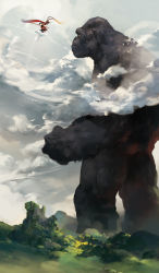 Rule 34 | 1boy, ape, armor, cape, cloud, commentary, crossover, day, flying, flying nimbus, from side, gorilla, helmet, highres, holding, holding staff, journey to the west, king kong, king kong (series), kong (monsterverse), looking at another, male focus, malu, monkey boy, name connection, nature, outdoors, photoshop (medium), plant, profile, red cape, ruyi jingu bang, size difference, sky, squatting, staff, standing, sun wukong