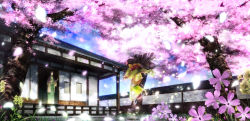 Rule 34 | architecture, bad id, bad pixiv id, black hair, cherry blossoms, east asian architecture, floating, flower, hair flower, hair ornament, japanese clothes, long hair, long image, obi, original, petals, porch, sash, scenery, spring (season), tottome, tree, veranda, wide image