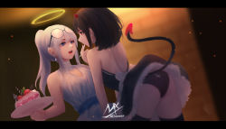 Rule 34 | 2girls, :d, artist name, ass, backlighting, bare arms, bare shoulders, black-framed eyewear, black dress, black hair, black legwear, blue eyes, blurry, blurry background, cake, cake slice, cleavage cutout, closed eyes, clothing cutout, commentary, demon girl, demon horns, demon tail, depth of field, dress, dutch angle, earrings, eyewear on head, feeding, food, fruit, glasses, halo, highres, holding, holding plate, horns, jewelry, leaning forward, letterboxed, long hair, multiple girls, open mouth, original, panties, pantyshot, plate, ponytail, red eyes, round eyewear, shimmer, short hair, sidelocks, silver hair, sleeveless, sleeveless dress, smile, standing, strawberry, symbol-only commentary, tail, thighhighs, underwear, white dress, yuri