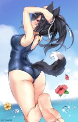Rule 34 | 1girl, animal ears, arched back, armpits, artist name, ass, azur lane, bare arms, bare legs, bare shoulders, barefoot, black hair, blue one-piece swimsuit, blue sky, blurry, blurry background, blush, breasts, brown eyes, closed mouth, clothing cutout, cloud, day, depth of field, feet, flower, from behind, hair ribbon, hibiscus, highres, horizon, kaetzchen, long hair, looking at viewer, medium breasts, nail polish, ocean, one-piece swimsuit, outdoors, ponytail, red eyes, red flower, ribbon, school swimsuit, shigure (attack i-490!) (azur lane), shigure (azur lane), sidelocks, sky, smile, soles, solo, standing, standing on one leg, swimsuit, tail, tail through clothes, thighs, toes, water, water drop, wolf ears, wolf girl, wolf tail, yellow flower