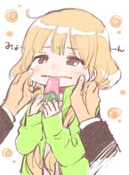 Rule 34 | 1boy, 1girl, amezawa koma, blonde hair, blush, cheek pull, commentary request, eating, food, futaba anzu, green jacket, highres, idolmaster, idolmaster cinderella girls, jacket, long hair, long sleeves, looking at viewer, low twintails, mochi, open clothes, open jacket, pink shirt, pov, producer (idolmaster), shirt, sketch, solo focus, twintails, white background