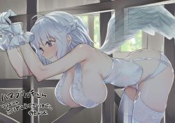 Rule 34 | 1girl, alternate costume, ass, bare arms, bare shoulders, bent over, braid, breasts, brown eyes, butt crack, commission, corset, feathered wings, garter straps, gloves, gunnjou yosio, hand on railing, hanging breasts, indoors, kishin sagume, large breasts, medium hair, panties, single wing, skeb commission, solo, standing, thighhighs, touhou, translation request, underwear, white gloves, white hair, white panties, white thighhighs, wings