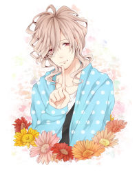 Rule 34 | 10s, 1boy, asahina louis, bad id, bad pixiv id, bishounen, blonde hair, brothers conflict, finger to mouth, flower, hair over one eye, hood, hoodie, long hair, male focus, smile, solo, yellow eyes