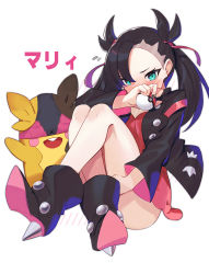Rule 34 | 1girl, ankle boots, aqua eyes, bare legs, black footwear, black hair, black jacket, black nails, black panties, boots, character name, convenient leg, covering crotch, covering privates, creatures (company), crossed ankles, dress, earrings, embarrassed, fang, flying sweatdrops, full body, game freak, gen 8 pokemon, hair ribbon, high heel boots, high heels, highres, holding, holding poke ball, jacket, jewelry, knees up, long hair, long sleeves, looking at viewer, marnie (pokemon), morpeko, morpeko (full), nail polish, nintendo, object on head, open clothes, open jacket, panties, panties on head, pink dress, poke ball, poke ball (basic), pokemon, pokemon (creature), pokemon swsh, ranyu, red ribbon, ribbon, short dress, simple background, spikes, twintails, underwear, unworn panties, v-shaped eyebrows, white background
