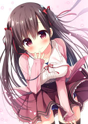 Rule 34 | 1girl, black thighhighs, blue one-piece swimsuit, blush, breasts, brown hair, cardigan, center frills, closed mouth, clothes lift, collarbone, collared shirt, dutch angle, fingernails, frills, gradient background, hair between eyes, hair ribbon, hand to own mouth, large breasts, long hair, long sleeves, looking at viewer, natsuka (unagi-unagi-unagi), one-piece swimsuit, original, petals, pink background, pink cardigan, red eyes, red ribbon, red skirt, ribbon, school swimsuit, shirt, simple background, skirt, skirt lift, sleeves past wrists, smile, solo, swimsuit, swimsuit under clothes, thighhighs, two side up, very long hair, white background, white shirt, wind, wind lift