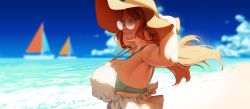 Rule 34 | 1girl, arms up, beach, blue bra, blue eyes, blue sky, blurry, blurry background, boat, bra, breasts, brown hair, brown hat, cloud, commentary request, day, depth of field, dress, from side, glasses, half-closed eyes, hand on headwear, hat, highres, large breasts, long hair, looking at viewer, looking to the side, mature female, original, paid reward available, round eyewear, sailboat, sky, sleeveless, sleeveless dress, solo, strap gap, sun hat, underwear, upper body, water, watercraft, white dress, wind, zuoteng lucha