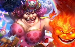 Rule 34 | 1girl, bare shoulders, big mom, blank eyes, cape, charlotte linlin, clenched teeth, cloud, creepy, dress, evil smile, fiery hair, fingernails, highres, one piece, outstretched arm, prometheus (one piece), red eyes, riding, sharp fingernails, sharp teeth, signature, slit pupils, smile, tattoo, teeth, weapon, yellow eyes, zeus (one piece)