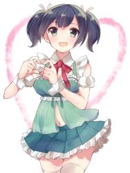 Rule 34 | 10s, 1girl, :d, alternate costume, black hair, blue eyes, blush, breasts, enmaided, heart, heart hands, kantai collection, komachi narota, large breasts, maid, navel, open mouth, personification, ribbon, short hair, skirt, smile, solo, souryuu (kancolle), thighhighs, twintails, waitress, white thighhighs, zettai ryouiki