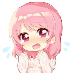 Rule 34 | 1girl, bang dream!, chibi, clenched hands, flying teardrops, hair down, hands up, long hair, long sleeves, looking at viewer, maruyama aya, nameneko (124), open mouth, pink eyes, pink hair, simple background, sleeves past wrists, solo, sweater, tears, upper body, white background, white sweater