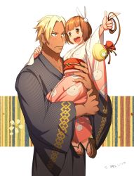 Rule 34 | &gt;:|, 10s, 1boy, 1girl, :d, :|, animal print, arm around shoulder, bad id, bad pixiv id, bag, blonde hair, blunt bangs, blush, bob cut, brown eyes, brown hair, carrying, closed mouth, earrings, eye contact, gamagoori ira, hair ornament, height difference, hetero, japanese clothes, jewelry, kill la kill, kimono, long sleeves, looking at another, mankanshoku mako, mt (ringofive), no socks, obi, open mouth, outstretched arm, petite, pointing, print kimono, rabbit, rabbit print, round teeth, sandals, sash, short hair, signature, simple background, smile, standing, striped, striped background, sweatdrop, tan, teeth, trigger (company), v-shaped eyebrows, vertical stripes, wide sleeves, yukata