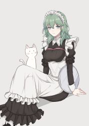 Rule 34 | 1girl, absurdres, alternate costume, apron, banned artist, black footwear, breasts, byleth (female) (fire emblem), byleth (fire emblem), cat, english text, enmaided, fire emblem, fire emblem: three houses, green eyes, grey background, hair between eyes, highres, long hair, looking at viewer, maid, maid apron, maid headdress, medium breasts, nintendo, pantyhose, shimizu akina, smile, solo, tray, white pantyhose