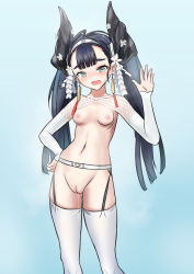 Rule 34 | 1girl, absurdres, azur lane, blue background, blue eyes, blush, breasts, cleft of venus, earrings, embarrassed, hair between eyes, headband, highres, jewelry, katsuragi (azur lane), long hair, looking at viewer, matsunaga maguro, navel, pussy, pussy juice, simple background, small breasts, solo, twintails, waving