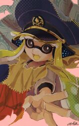Rule 34 | 1girl, :d, agent 3 (splatoon), black eyes, black headphones, blonde hair, blue hat, blush, bright pupils, cape, cloak, colored tongue, commentary request, fang, gradient hair, green hair, halftone, hat, headphones, highres, inkling, layered shirt, long hair, military hat, multicolored cape, multicolored cloak, multicolored clothes, multicolored hair, nintendo, open mouth, outstretched arm, peaked cap, pink background, qzcewaxd, shirt, signature, skin fang, smile, solo, splatoon (series), splatoon 3, strap, tentacle hair, torn cloak, torn clothes, twintails, two-tone hair, upper body, w, white pupils, white shirt, yellow tongue