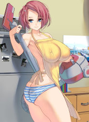 Rule 34 | 1girl, apron, ass, blue eyes, book, breasts, butt crack, covered erect nipples, cowboy shot, hair ornament, hairclip, highres, impossible clothes, indoors, kouno (masao), large breasts, looking at viewer, nearly naked apron, original, panties, pink hair, refrigerator, short hair, smile, solo, standing, striped clothes, striped panties, underwear, vacuum cleaner