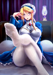 Rule 34 | 1girl, bad id, bad pixiv id, blonde hair, breasts, cameltoe, covered erect nipples, crossed legs, cum, cum on body, cum on clothes, cum on fingers, cum on lower body, cum string, feet, glasses, hat, highres, lamp, large breasts, looking at viewer, no shoes, outstretched leg, pantyhose, pecolondon, pussy juice, pussy juice stain, red eyes, shalon (yns), short hair with long locks, sitting, solo, tongue, tongue out, white pantyhose, yuukyuu no sharin