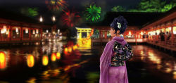 Rule 34 | 1girl, black eyes, black hair, blurry, blurry background, curly hair, festival, fireworks, floral print, flower, furisode, hair flower, hair ornament, hair up, highres, japanese clothes, kimono, looking at viewer, looking back, new year, obi, open mouth, original, own hands together, parsue, sash, short hair, solo, wide sleeves