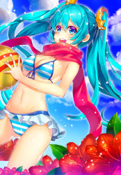 Rule 34 | 1girl, :d, absurdres, aqua eyes, aqua hair, bad id, bad pixiv id, ball, bikini, breasts, cleavage, day, flower, hatsune miku, hibiscus, highres, long hair, medium breasts, navel, nonomaro, open mouth, red scarf, scarf, sky, smile, solo, striped bikini, striped clothes, swimsuit, twintails, very long hair, vocaloid