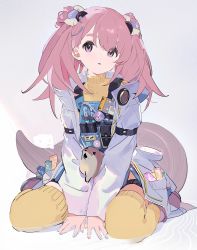 Rule 34 | 1girl, arm strap, badge, between legs, blue overalls, bow, character request, commentary, eyebrows hidden by hair, hair bow, hair rings, hamster, hand between legs, highres, hood, hooded jacket, jacket, mist sequence, overalls, pink hair, pocket, purple eyes, sitting, skindentation, solo, sweater, tail, thigh strap, thighhighs, twintails, vial, wariza, white jacket, yellow sweater, yellow thighhighs, yukuso (dabiandang)
