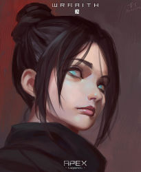 Rule 34 | 1girl, apex legends, aqua eyes, black hair, black scarf, blue eyes, character name, closed mouth, commentary, copyright name, dated, hair bun, harusame tsubaki, highres, lips, looking at viewer, makeup, mascara, no pupils, nose, parted bangs, portrait, realistic, scarf, short hair, signature, single hair bun, solo, upper body, wraith (apex legends)