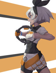 Rule 34 | 1girl, ass, bea (pokemon), black hairband, blue eyes, bodysuit, bodysuit under clothes, breasts, commentary request, creatures (company), dark-skinned female, dark skin, from side, game freak, gloves, grey hair, gym leader, hairband, highres, nintendo, pokemon, pokemon swsh, ring fit adventure, samiou, shirt, short hair, short sleeves, shorts, single glove, small breasts, solo, sweat, television